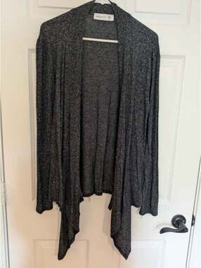Kiki LaRue Black and Gray Open Front Drape Cardigan, Lightweight Casual Sweater